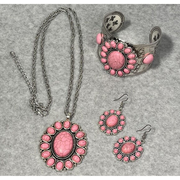 Howlite Jewelry Set Flower Earrings Cuff Bracelet Pendant Necklace Western Boho - Picture 9 of 16